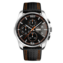 SKMEI модный кожаный ремешок секундомер мужские повседневные водонепроницаемые кварцевые наручные часы с датой 9106